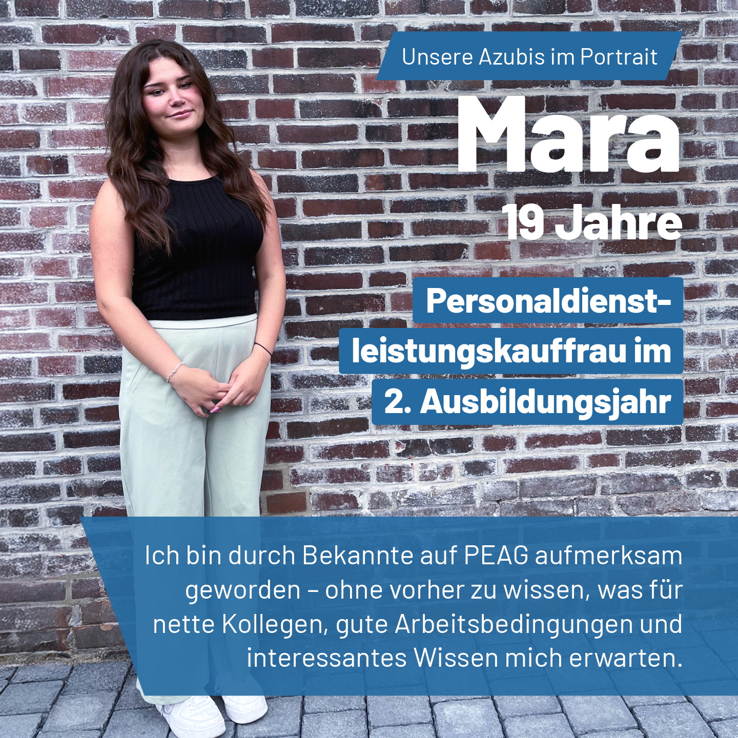 PEAG Personal bietet die Ausbildung zum Personaldienstleistungskaufmann (m/w/d) an. Unsere Azubis posten regelmäßig in den sozialen Medien. Das Bild zeigt Mara im zweiten Ausbildungsjahr.